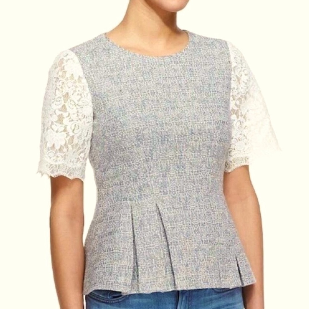 Rebecca Taylor Lace Sleeve Gray Tweed Peplum Top Size 2
